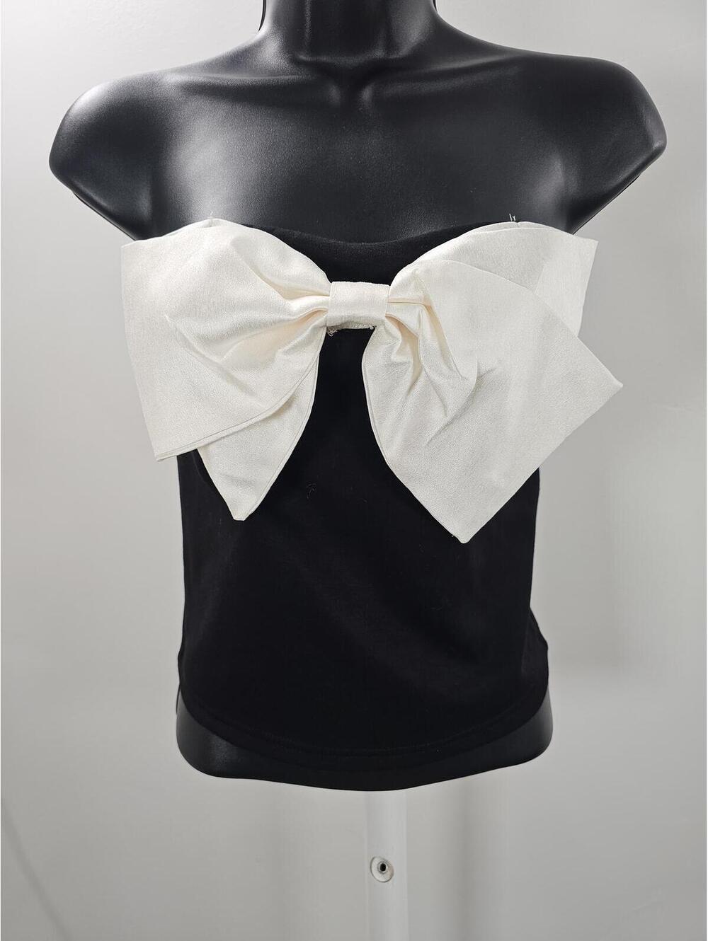 Emerson Lang  Black Strapless Top with Large White Bow Accent
